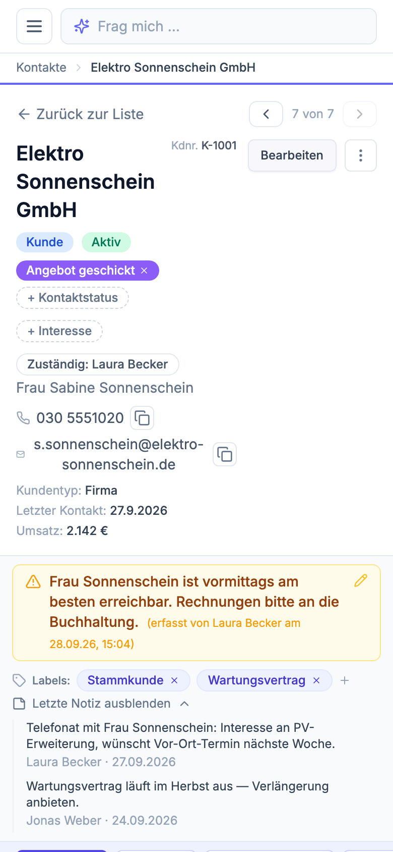 Kundenakte von Easy CRM auf dem Smartphone